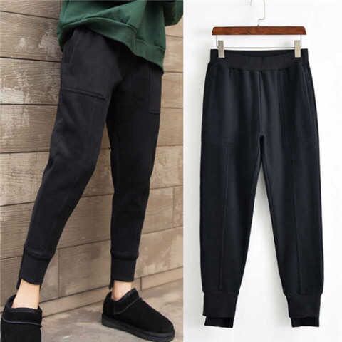 Black Plush sports pants women's autumn and winter new small foot Harem Pants loose and thin and thickened casual pants