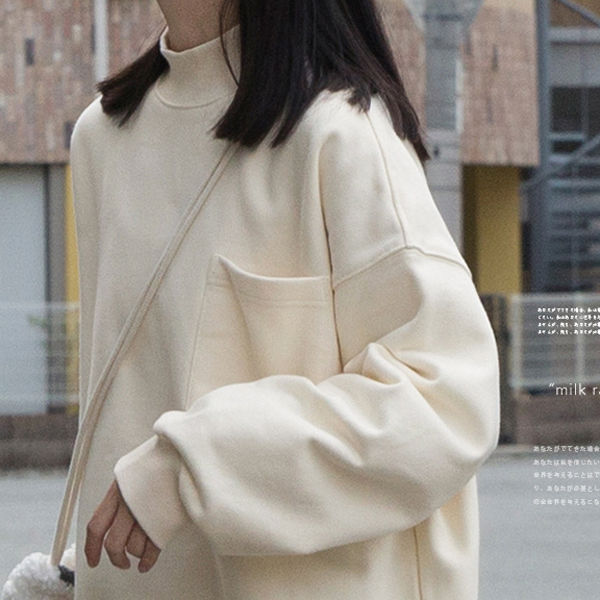 Japanese solid half high collar women's pocket oversize Plush thickened autumn and winter student 2020 NEW