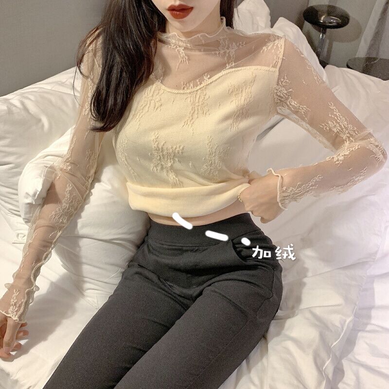 Real price half high collar lace shirt women's long sleeve autumn and winter Korean screen bottomed shirt sexy with super fairy top