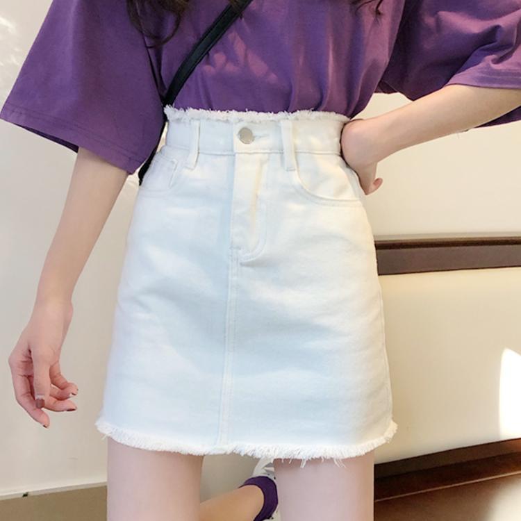 高腰A字裙夏季新款裙子半身裙女夏顯瘦百搭牛仔裙短裙白色