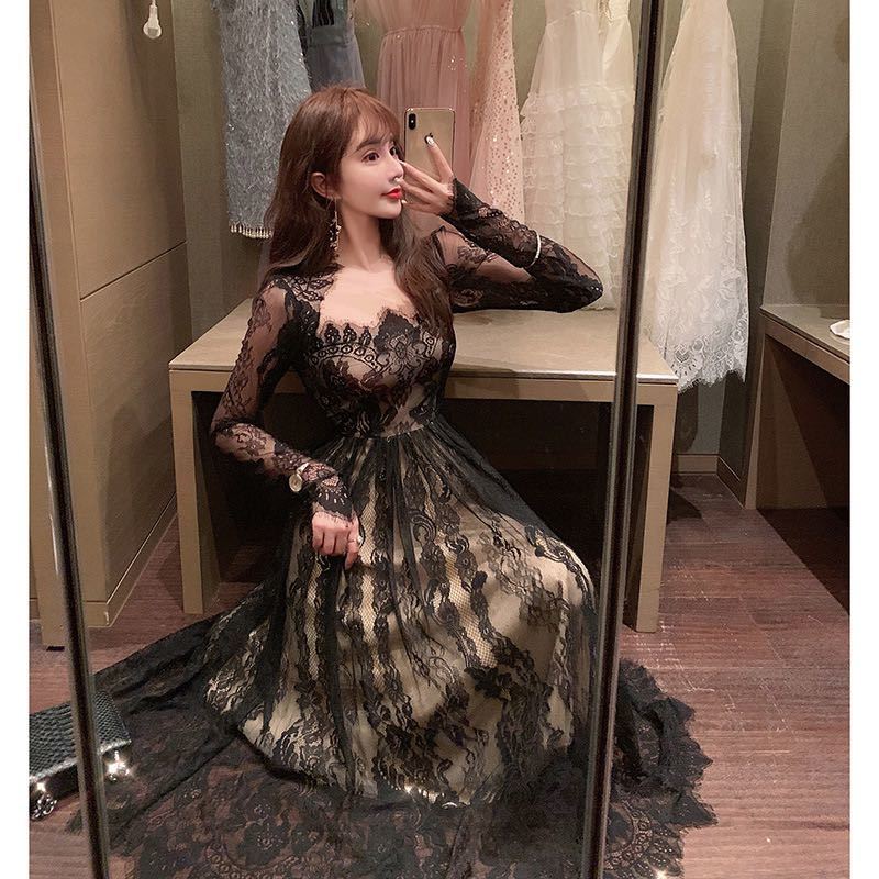 Fabulous French minority dress women 2020 autumn new black dress temperament lace retro dress women