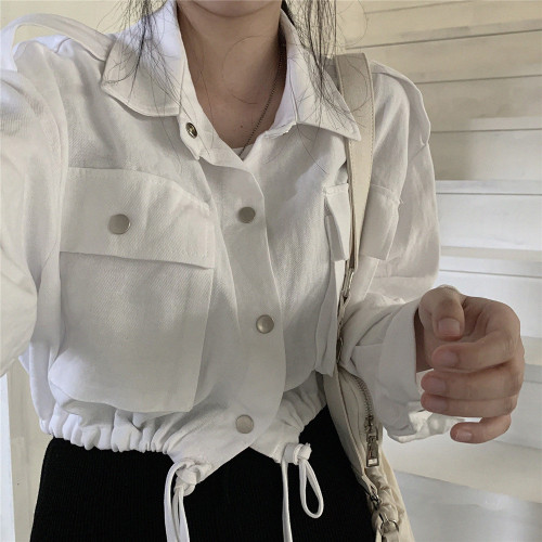 Korean chic retro Lapel single breasted loose drawstring waistband Multi Pocket long sleeve work jacket jacket for women