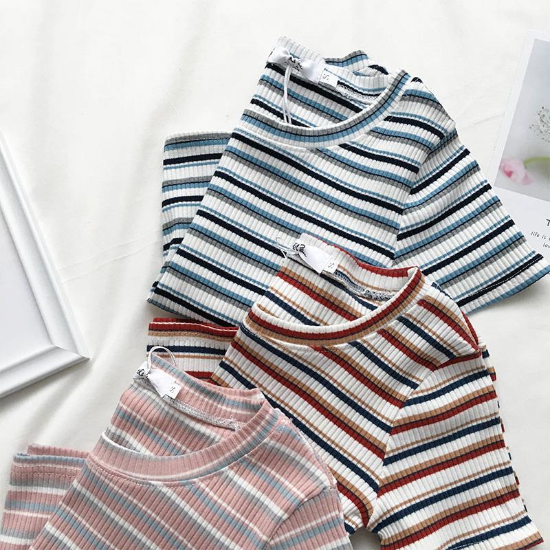 Summer 2020 new striped short sleeve T-shirt for women's wear Hong Kong Style ins fashionable ice silk knitted slim top bottom coat