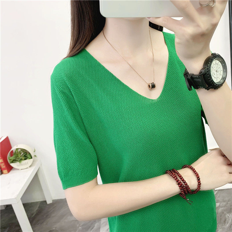 2020 summer new large short sleeve T-shirt women's half sleeve versatile Korean ice silk sweater top V-neck bottomed shirt
