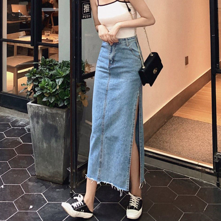 Spring and autumn clothes high waist slim fit thin wrap hip one-step skirt tall side split half length skirt women's straight denim skirt