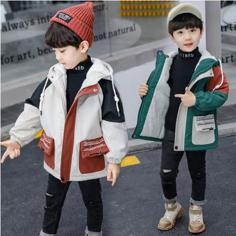 Boys' plush and thickened windbreaker 2020 new children's middle and large children's coat little boy handsome middle and long Korean fashion