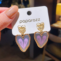 Real shot 925 silver needle Korean purple love long pendant earrings women's versatile Hong Kong Style Earrings