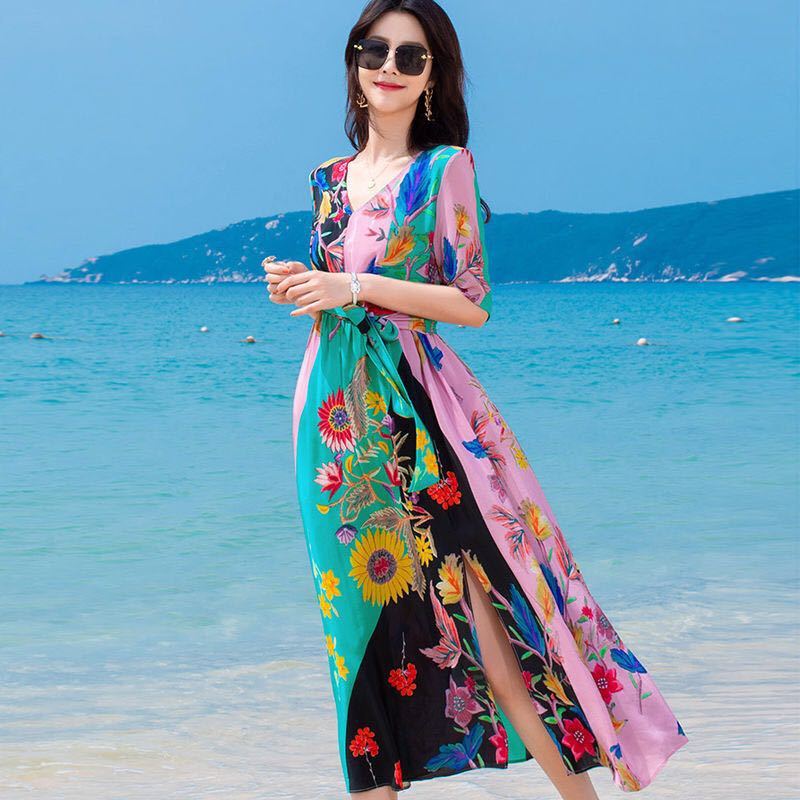 Silk mid-length printed dress for women 2020 summer new slim mulberry silk beach skirt
