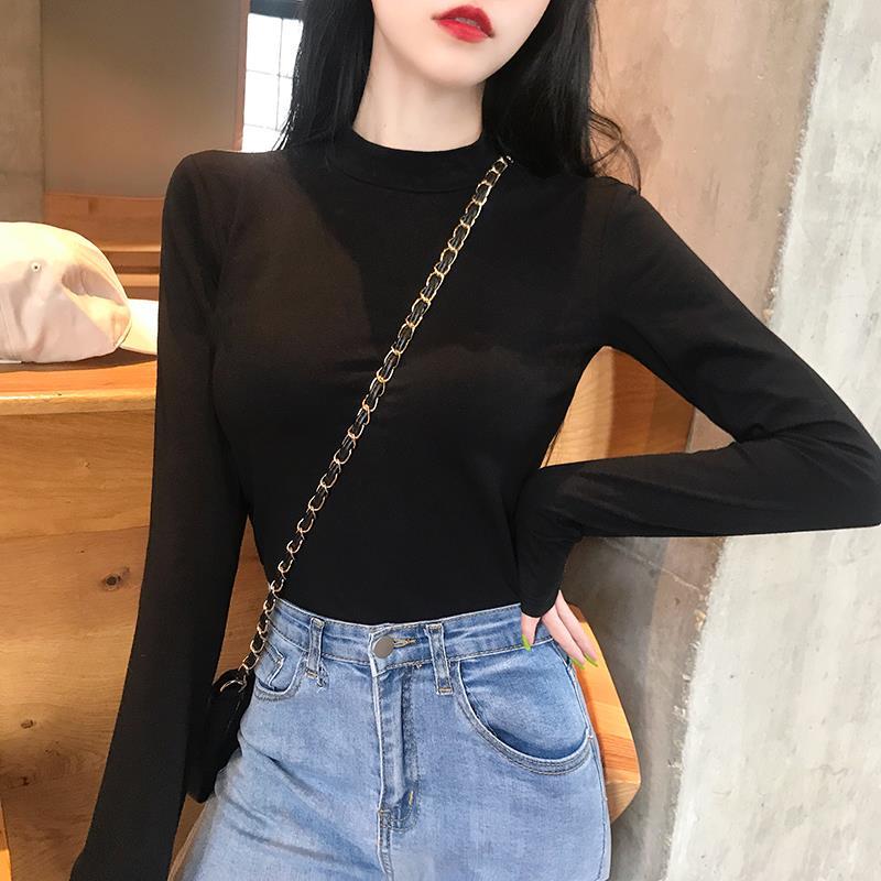 Black half high collar bottoming shirt women's thin long sleeve T-shirt tight inside top autumn new ins