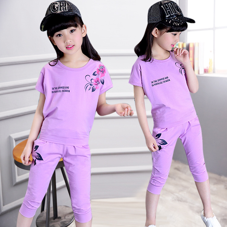 Girls' summer suit new big girls' short sleeve T-shirt pants two piece children's women's suit