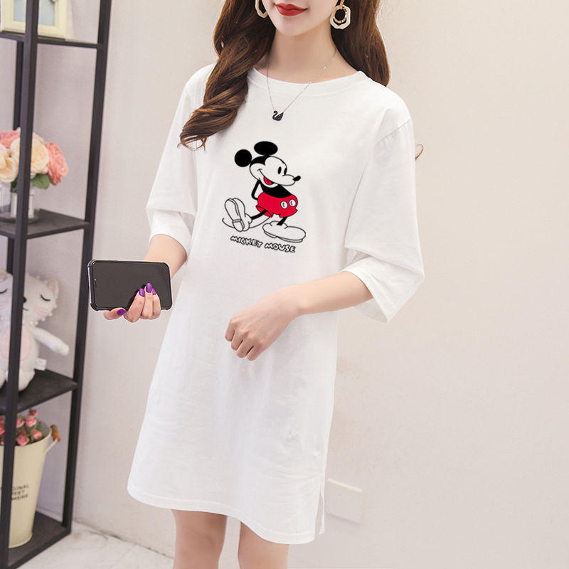2020 summer new fashion versatile cartoon letter short sleeve T-shirt women's loose and thin medium length dress