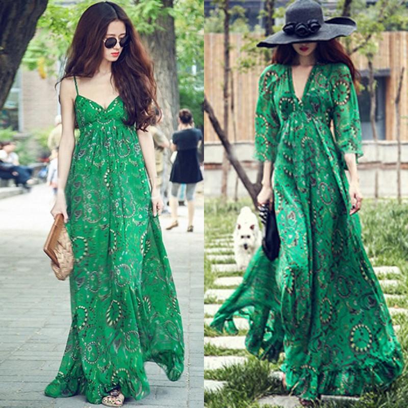 Women's national style V-neck floor length skirt edge beach holiday print deep V big swing dress women's dress
