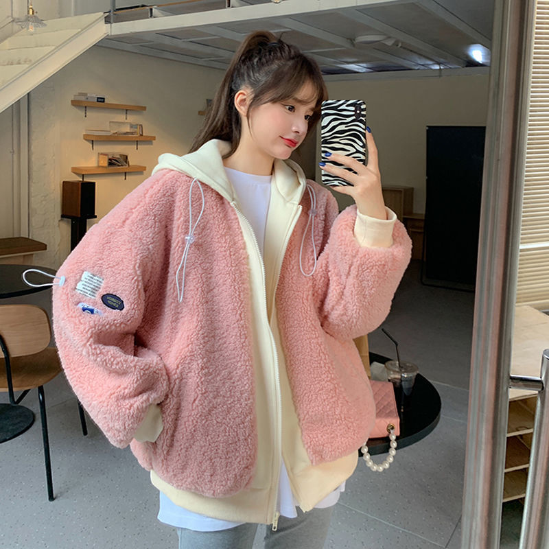 Autumn winter Korean 2020 new fake two pieces imitation lamb wool large loose hooded design Long Sleeve Jacket Women's wear
