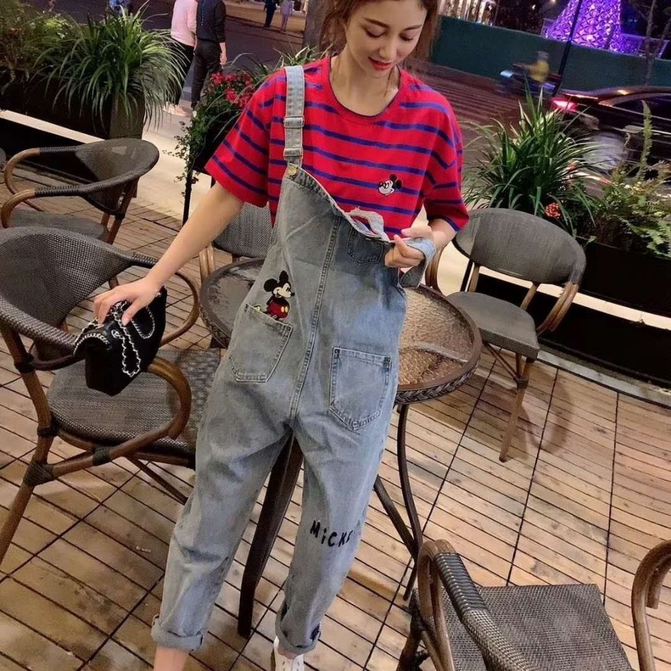 Spring 2020 new Mickey embroidery junior denim suspender women summer students Korean version loose Capris