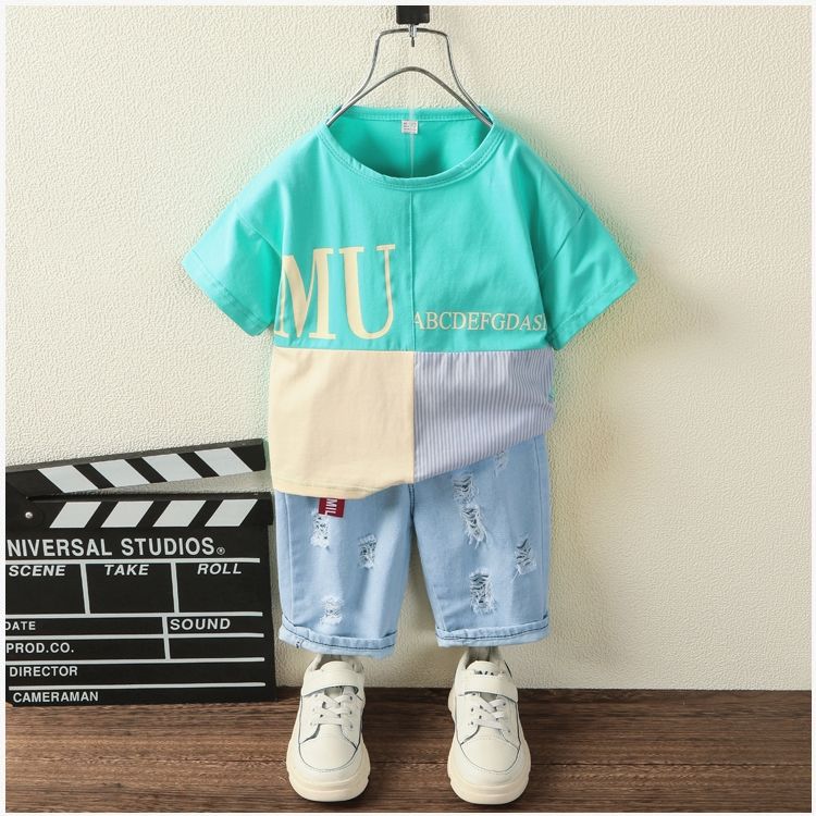 Children's wear boys leisure suit children's new sports summer wear children's Denim Shorts short sleeve loose two-piece set