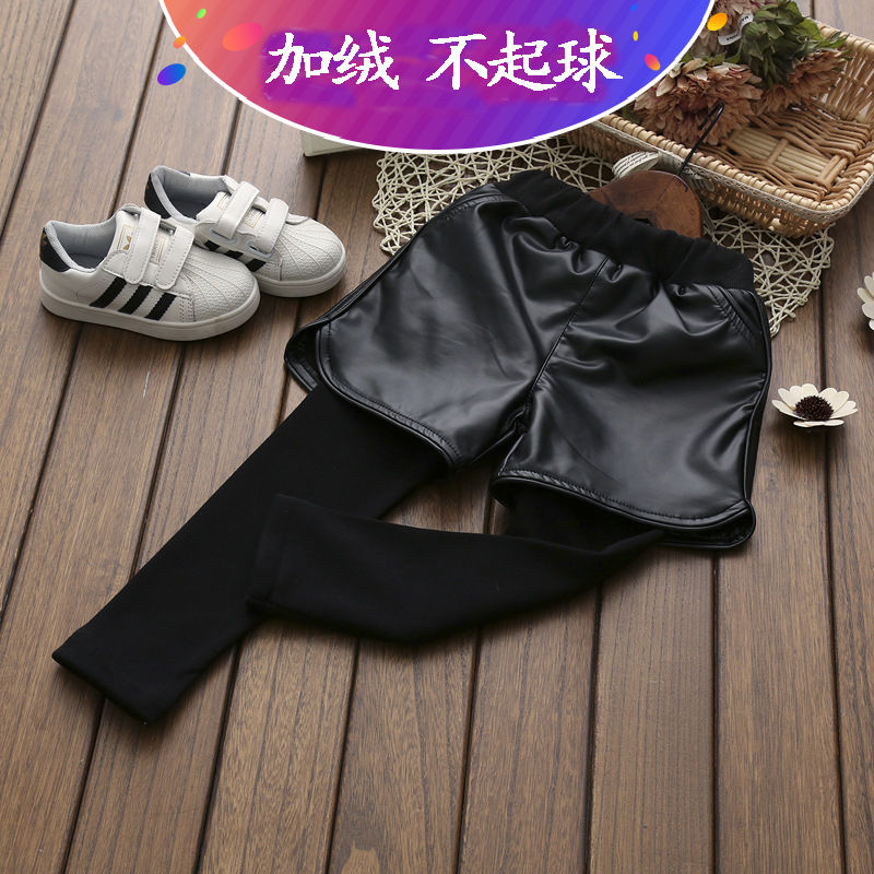 Girls' winter fake two-piece thickened pants baby boots and pants children's Korean version children's plush leather shorts bottoming pants trend