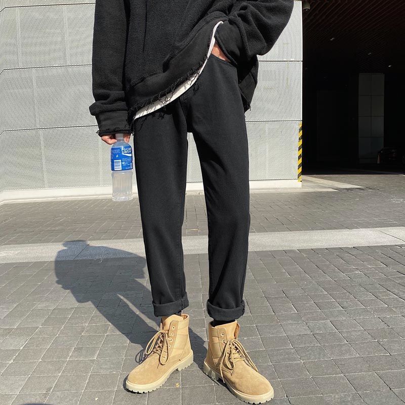 Spring and autumn Hong Kong style solid color slim fit nine point jeans men's Korean version students' loose and versatile small leg pants
