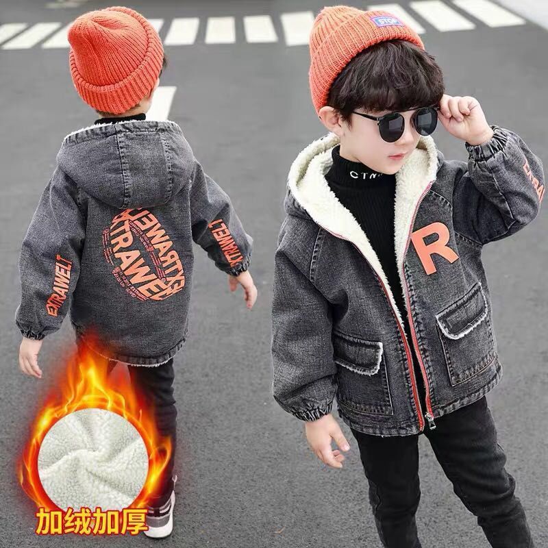 Boys' winter coat autumn winter new Korean Edition children's thickened cotton coat boy's coat Plush denim top winter