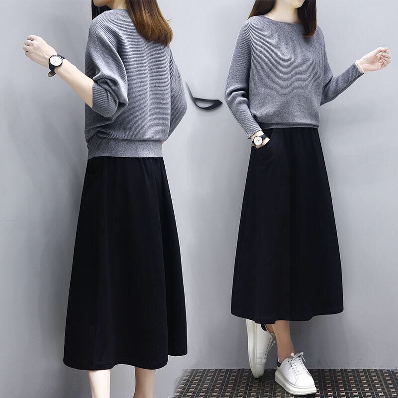 [high quality single piece / suit] new knitted sweater casual suit women's loose two piece dress