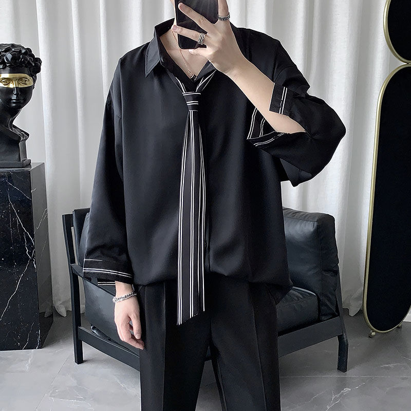 Spring and summer tie white shirt men's Korean fashion Quarter Sleeve Shirt student net red couple coat