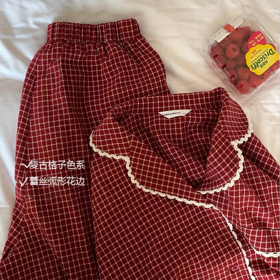 Pajamas women's autumn and winter loose cardigan Korean version ins girls' casual long sleeve trousers Plaid home suit