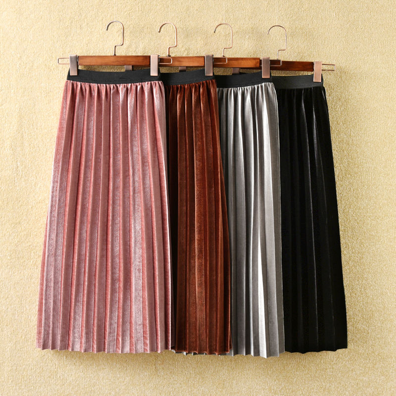Children's middle school children's winter girl's pleated skirt velvet skirt mid length long skirt organ skirt retro velvet thick