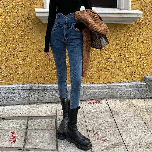 Three button jeans women's 2021 new high waist slim Leggings