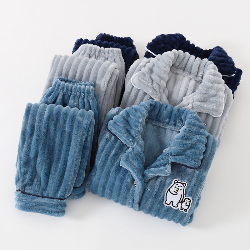 Children's autumn and winter flannel pajamas boys and girls children's plush plush baby coral velvet suit home clothes