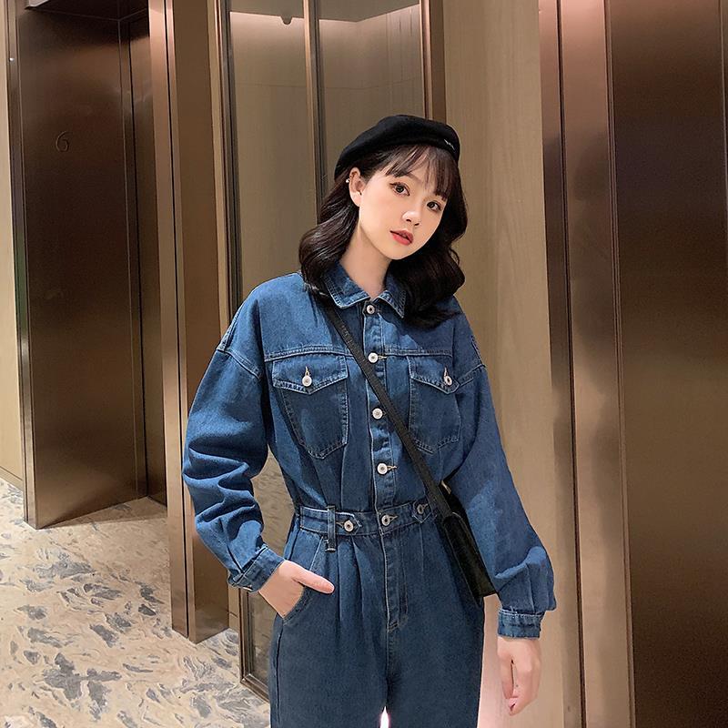 Autumn 2020 new style long sleeve waist waist show thin work clothes temperament goddess style casual jeans Jumpsuit women spring and Autumn