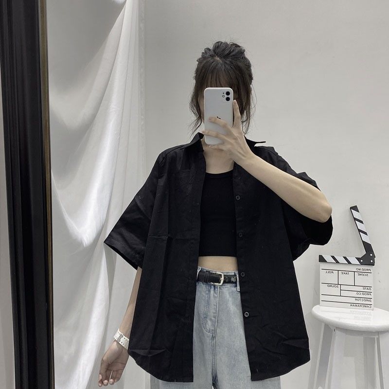 South Korea ins dark solid color versatile short sleeve shirt 2020 summer new Hong Kong style shirt men's and women's top