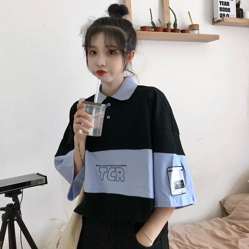 Lapel polo shirt Japanese ins short sleeve T-shirt women's loose Korean version students' versatile BF lazy half sleeve top fashion