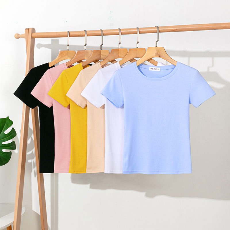 Summer short sleeve T-shirt women's pure cotton new pure color versatile slim half sleeve T-shirt thin elastic base shirt