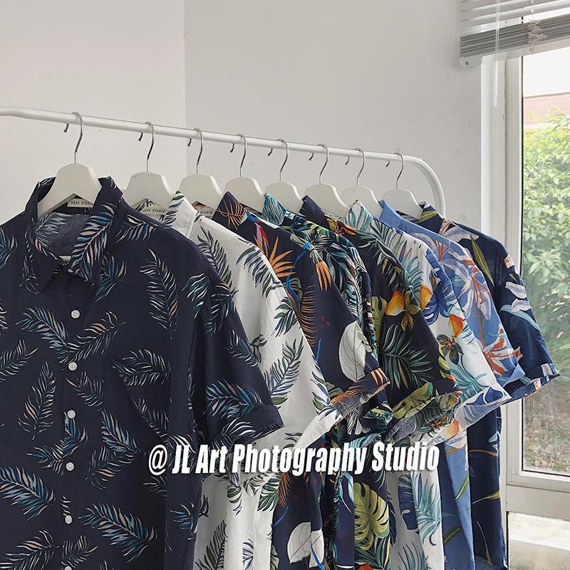 Short sleeved flowered shirt Hong Kong style retro Vetiver Korean fashion handsome shirt men's and women's Western Shirt
