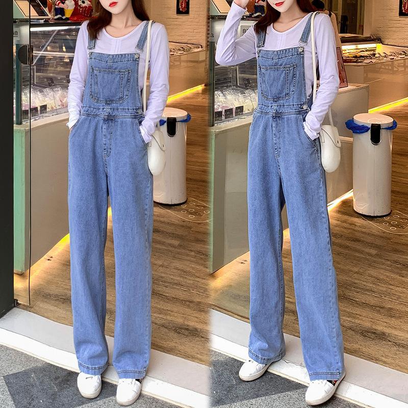 Denim strap pants women's loose Korean version 2020 spring and autumn new high waisted and sagging wide leg pants