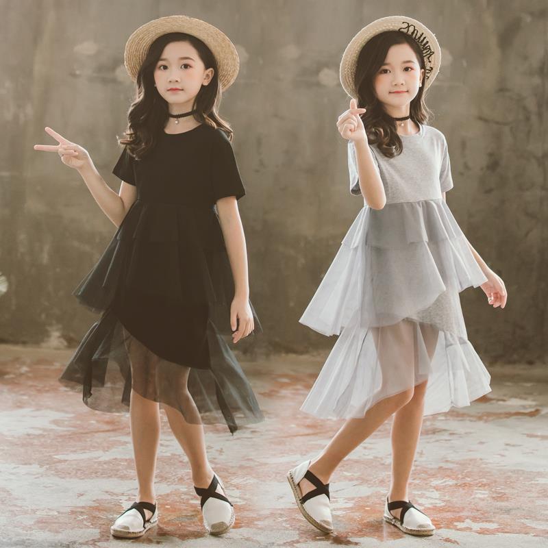 Girls' knitted dress children's summer jacket stitching mesh skirt children's round neck sweater yarn skirt Korean version
