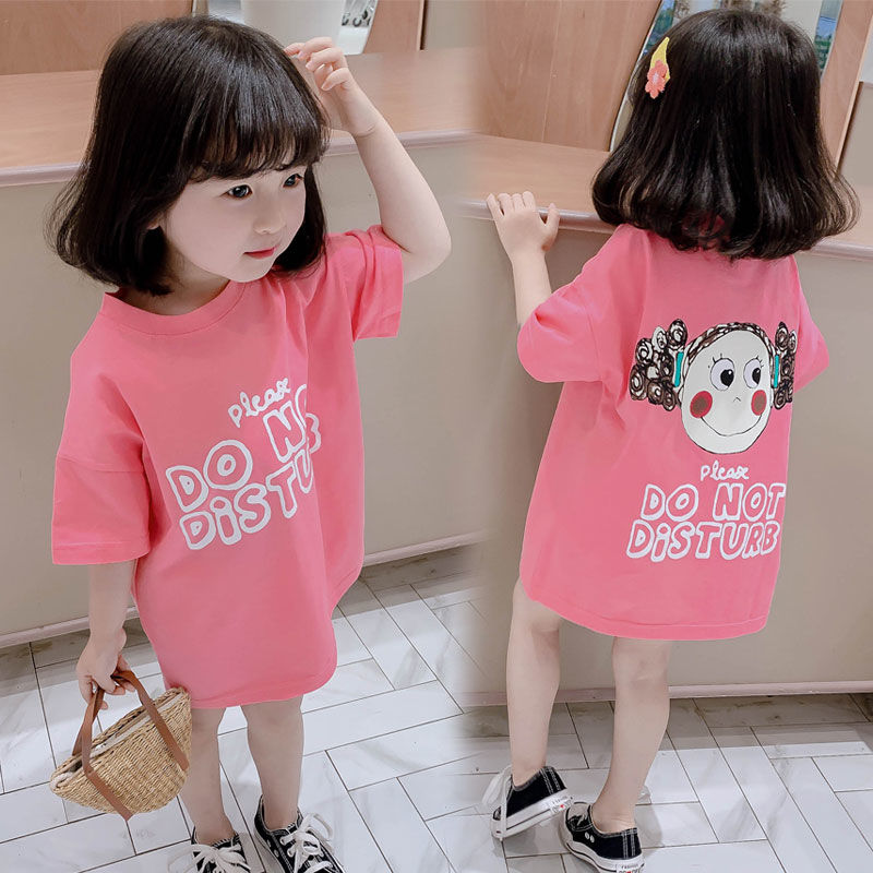 Children's dress girl summer children's short sleeve T-shirt 2020 girls' summer dress foreign style medium length dress fashionable top