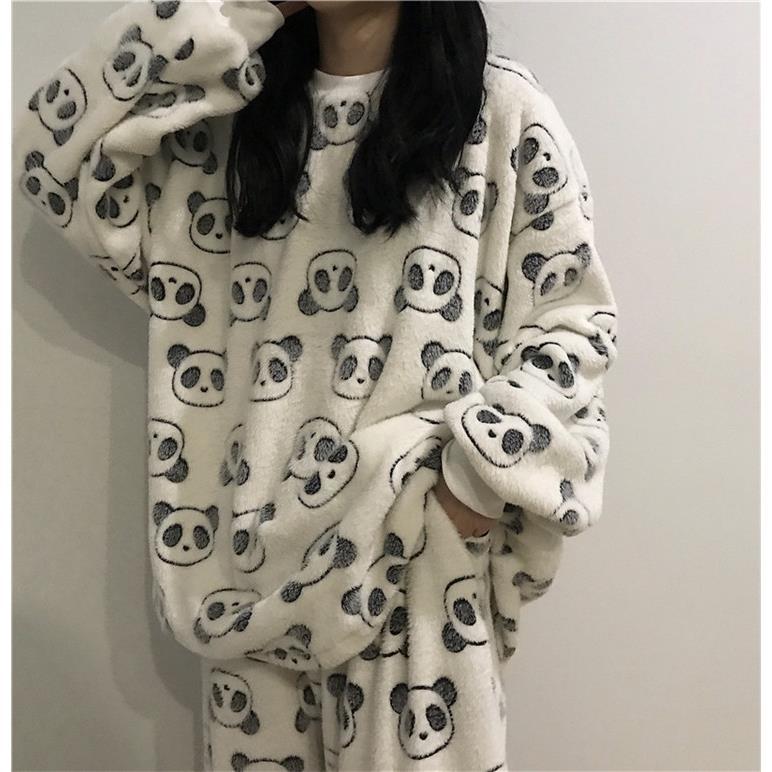 Ins Cute Panda coral velvet pajamas women autumn winter long sleeve pants Korean flannel home wear two piece suit