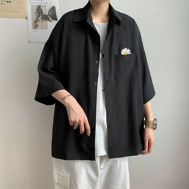 Chrysanthemum short sleeve shirt summer men's oversize loose 5-sleeve printed shirt trendy boys half sleeve top