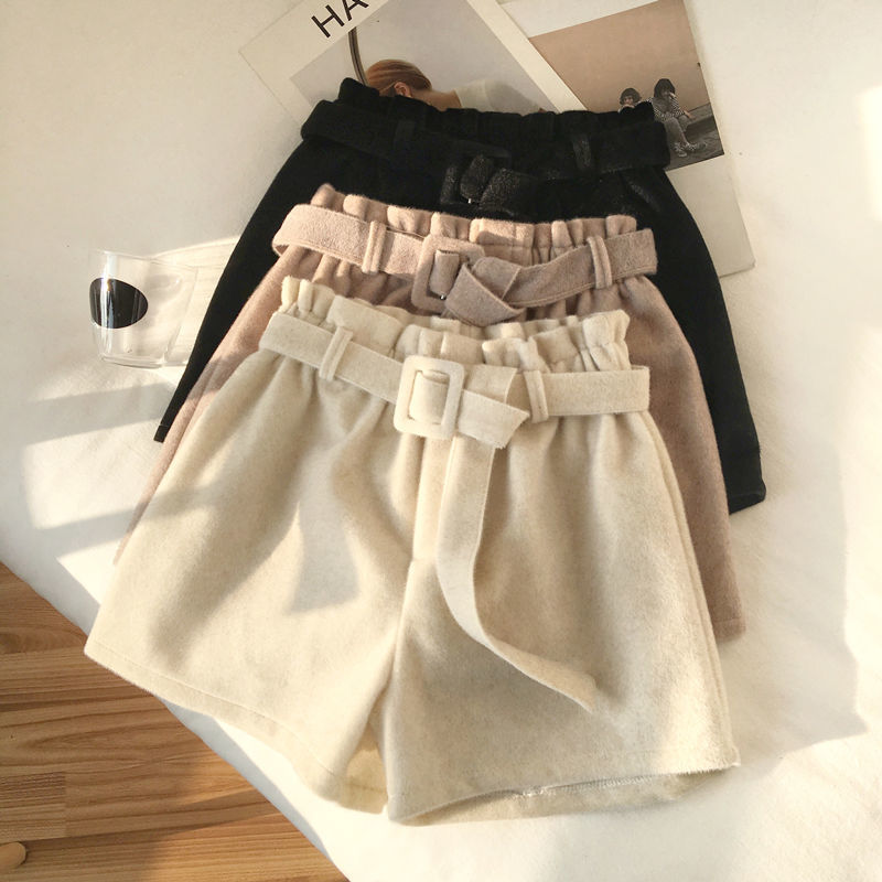 Woolen shorts women's autumn and winter 2020 new high waist a-word wide legs loose Korean casual bottomed boots and pants