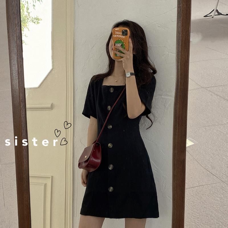 Spring and summer 2020 new Korean style waist closing slim square collar short sleeve small black skirt foreign style versatile simple dress woman