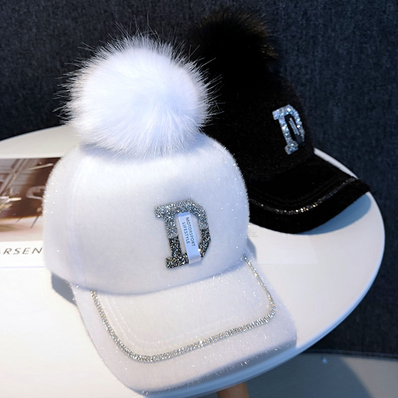 Hat autumn and winter women's trend stick diamond letter D versatile baseball cap Korean fur ball female white cap