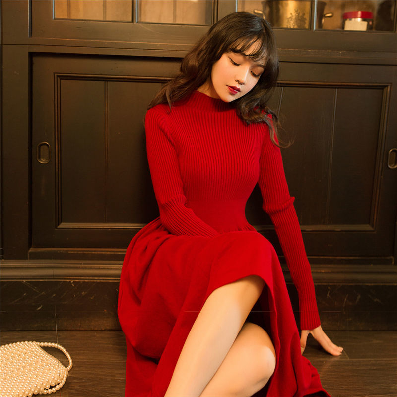 Woolen dress women's winter long dress autumn winter 2020 new red knitting skirt over knee temperament red skirt