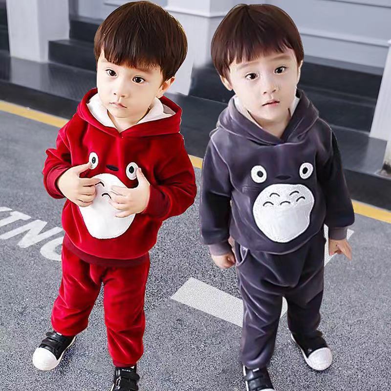 Boys' autumn and winter gold velvet suit girls' winter sweater baby children's thickened double faced velvet two piece suit
