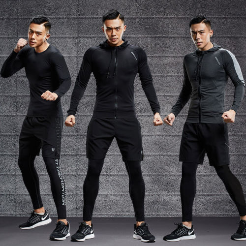 Fitness clothes men's suit running sports autumn and winter Plush training clothes basketball high elastic speed dry clothes running equipment