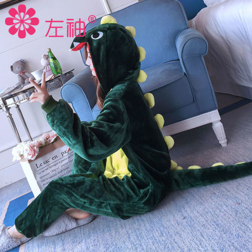 Green dinosaur cartoon one-piece pajamas female autumn and Winter Animal suit lovers students lovely home wear thickened flannel