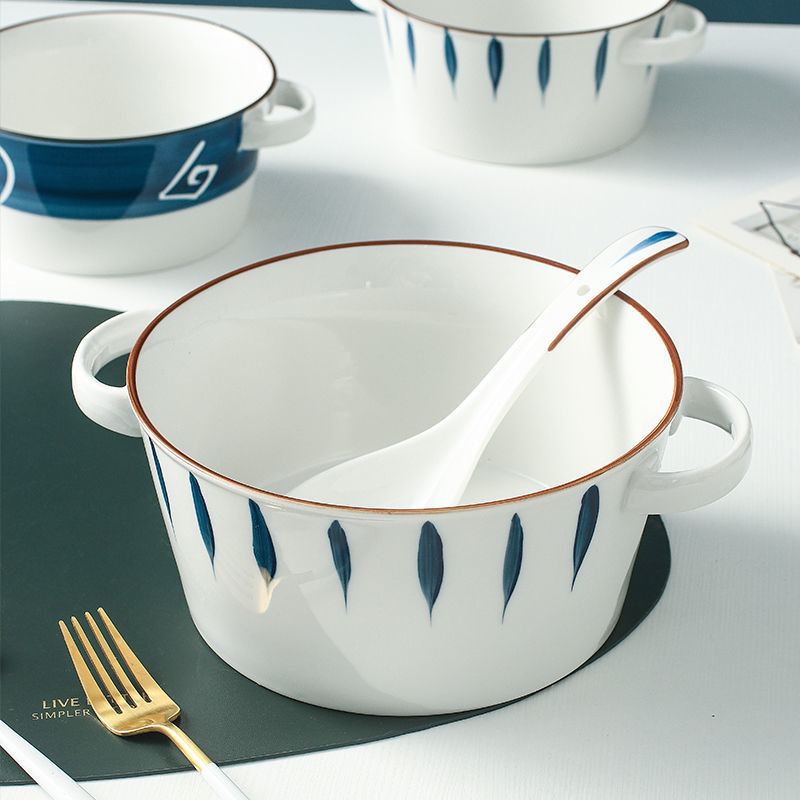 Double ear soup bowl large household net red ceramic instant noodles bowl single soup basin creative personality Japanese style tableware