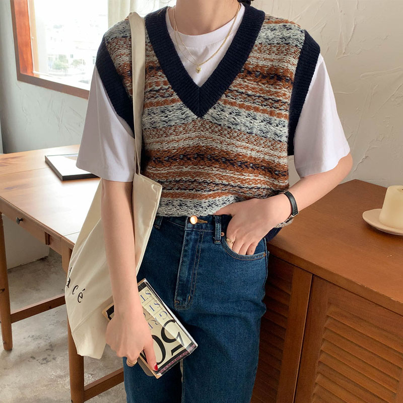 Real shot early spring wear contrast vest women's Retro collar Pullover knitted sweater vest