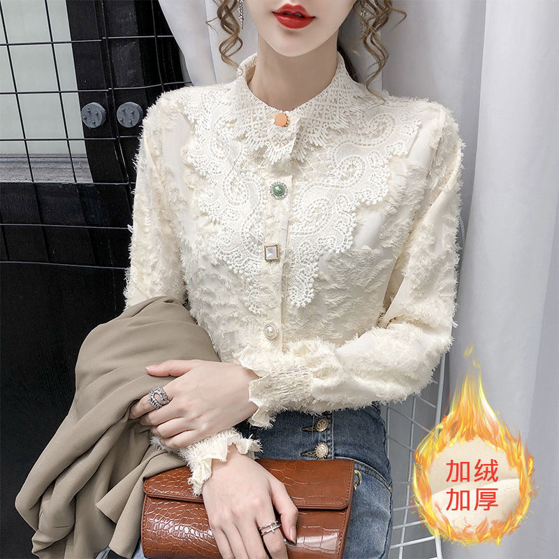 Women's top with plush warm and lace bottom top, super fairy style in autumn and winter, long sleeve shirt inside, foreign style and versatile small shirt
