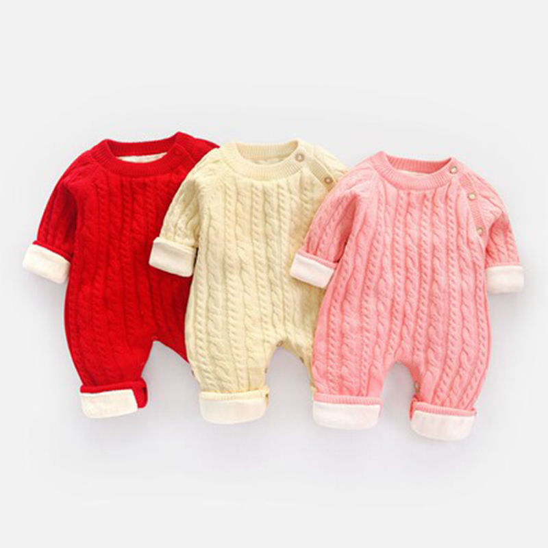 Newborn baby plush one piece sweater autumn and winter sweater one piece infant sweater baby thickened clothes