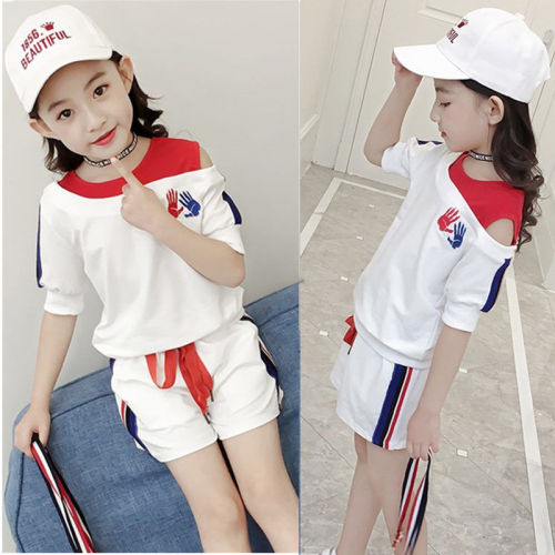 95 cotton girls summer clothes new summer suit middle and large children's diagonal shoulder short sleeve two-piece fashionable suit Korean version